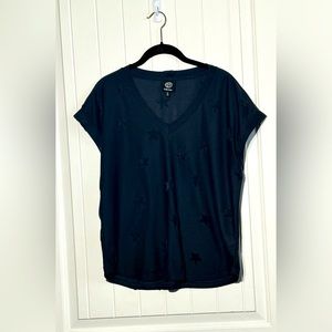 Bobeau V neck terry star knit top Navy blue Medium